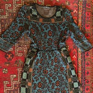 Peruvian Connection Blue and Brown Floral 3/4 Sleeve pima cotton Dress L